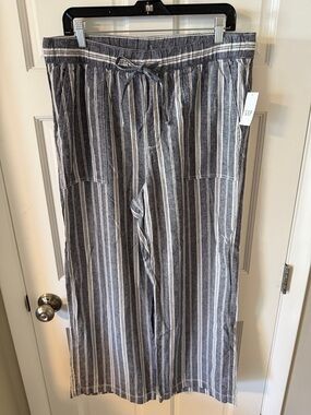 NWT Gap Linen-Blend Wide-Leg Pull-On Pants Navy/White Vertical Stripe Large